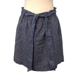 J.Crew Women's LINEN Skirt Size M Blue Striped Casual Belted Mini Short Flare